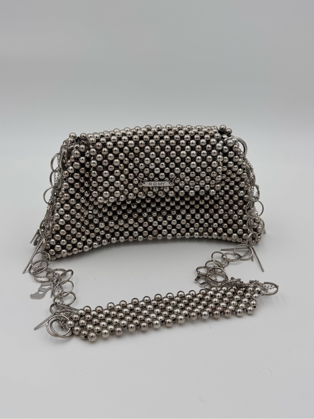 Romy Silver Beaded Mini Shoulder Bag with Chain